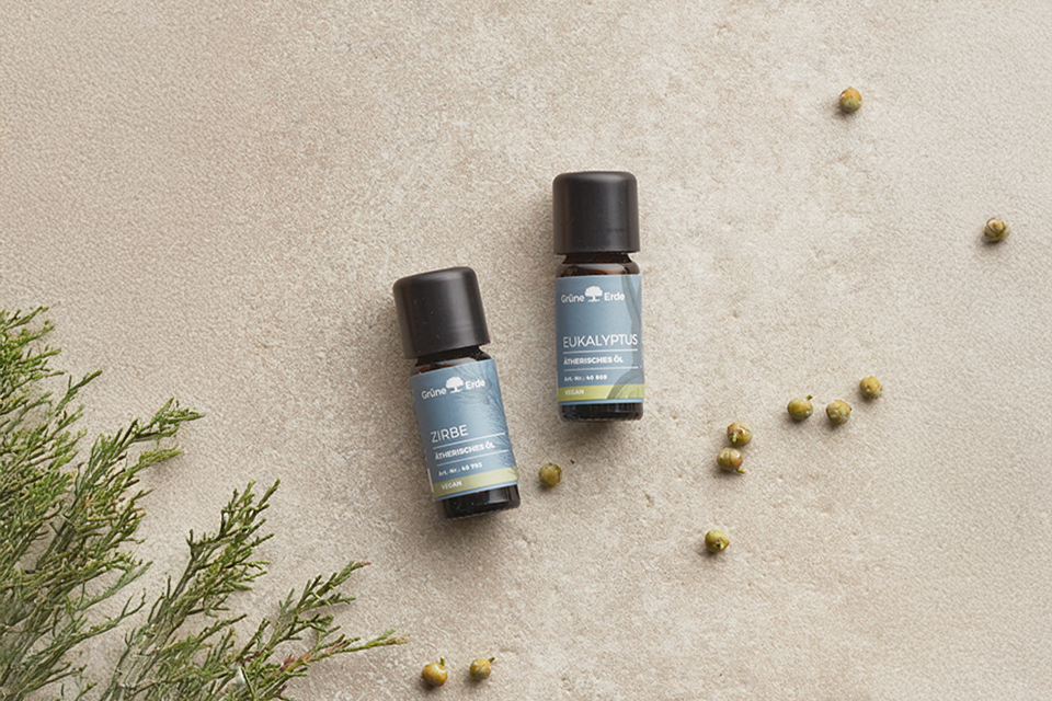 Kleine Ölflaschen mit Kräutern auf hellem Hintergrund minimalistisch