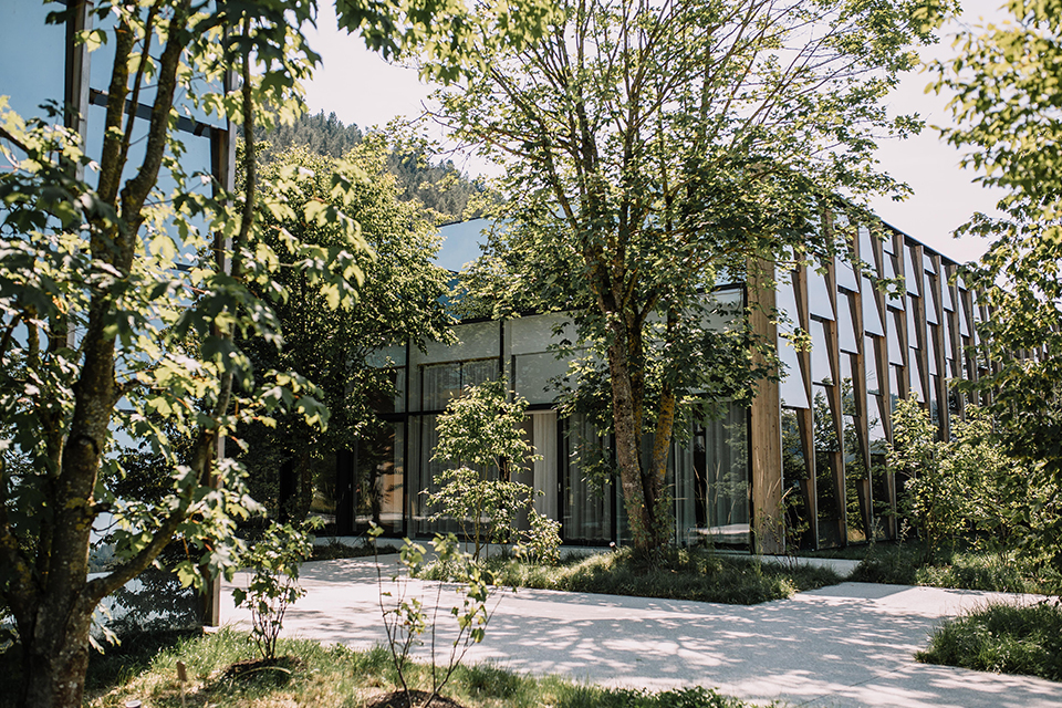 Eingangsbereich der Grüne Erde Welt mit Bäumen und Wiesen