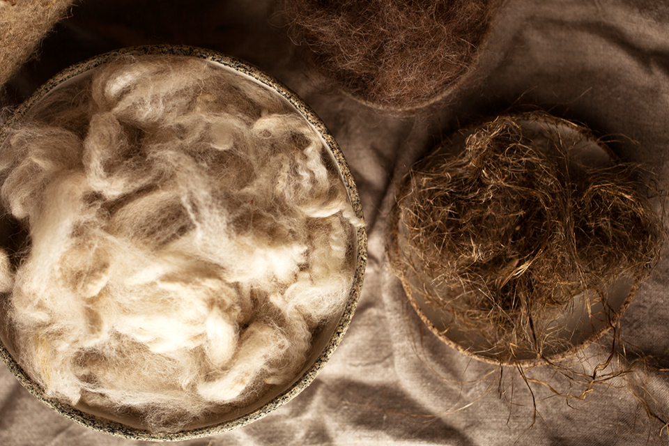 Verschiedene Naturmaterialien in Schüsseln präsentiert