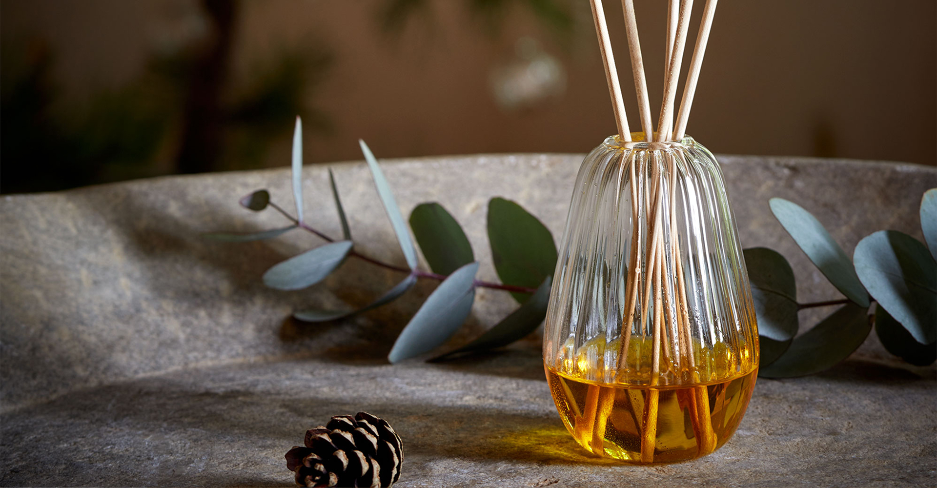 Glas Diffuser mit Duftstäbchen und Eukalyptuszweigen auf natürlichem Untergrund