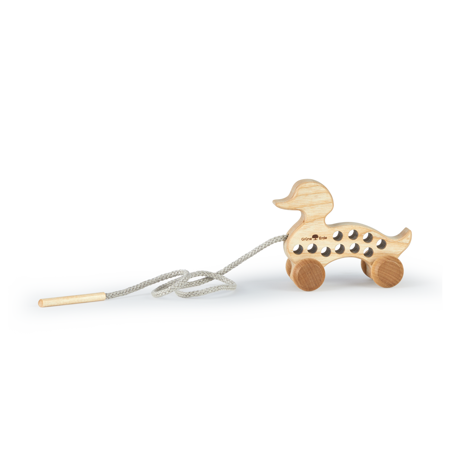 Rolltier Ente aus Eschenholz mit Fädelspiel