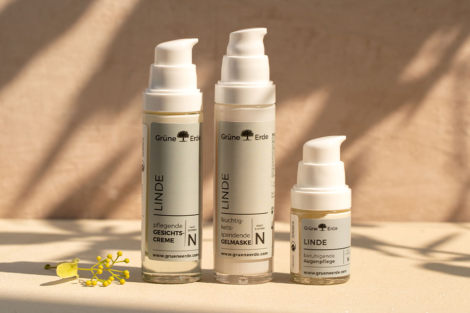 Drei Linde Geischtspflegeprodukte in Glasflaschen