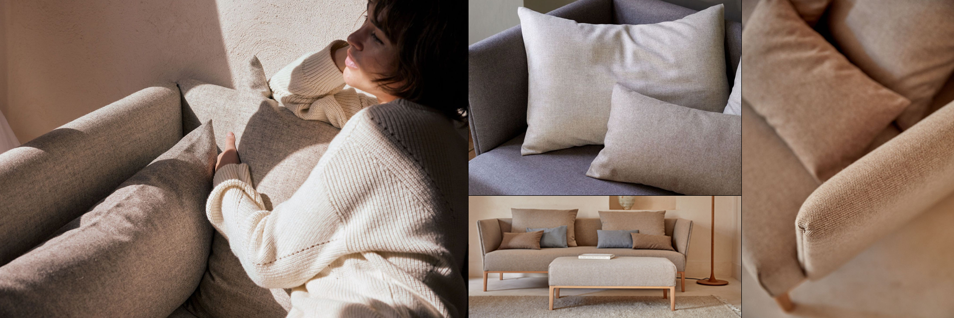 Collage die eine gemütliche Grüne Erde Wohnatmosphäre in warmen Naturtönen einfängt.