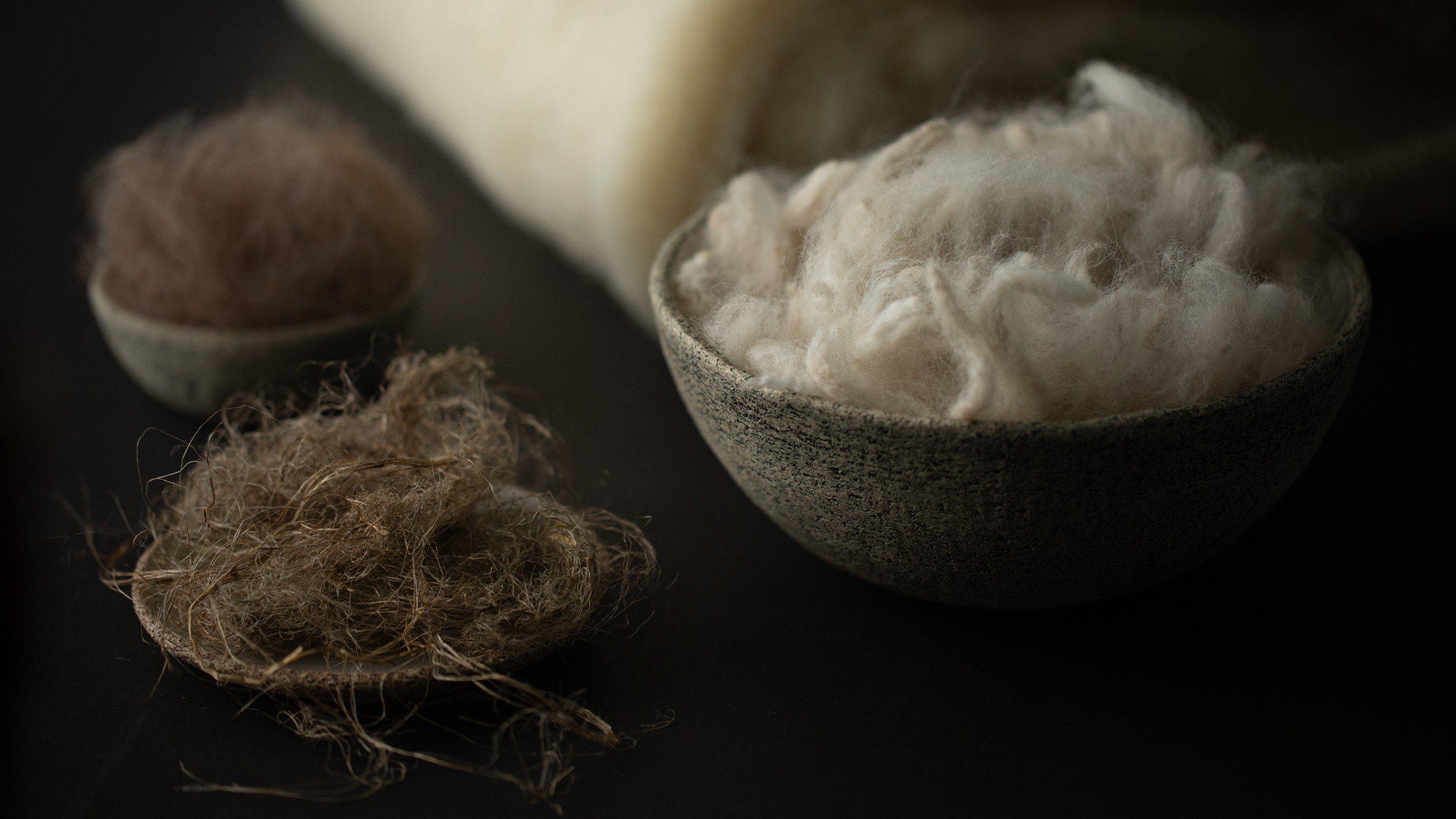 Drei verschiedene Naturmaterialien in Schüsseln