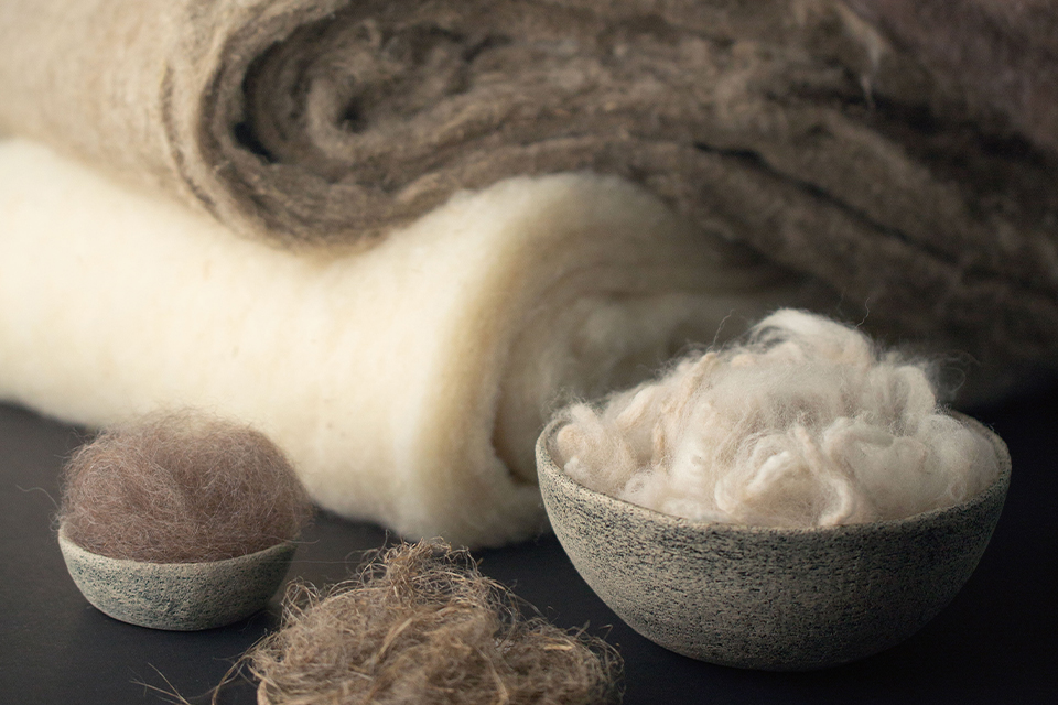 Schafschurwolle in einer Schüssel und in Bahnen