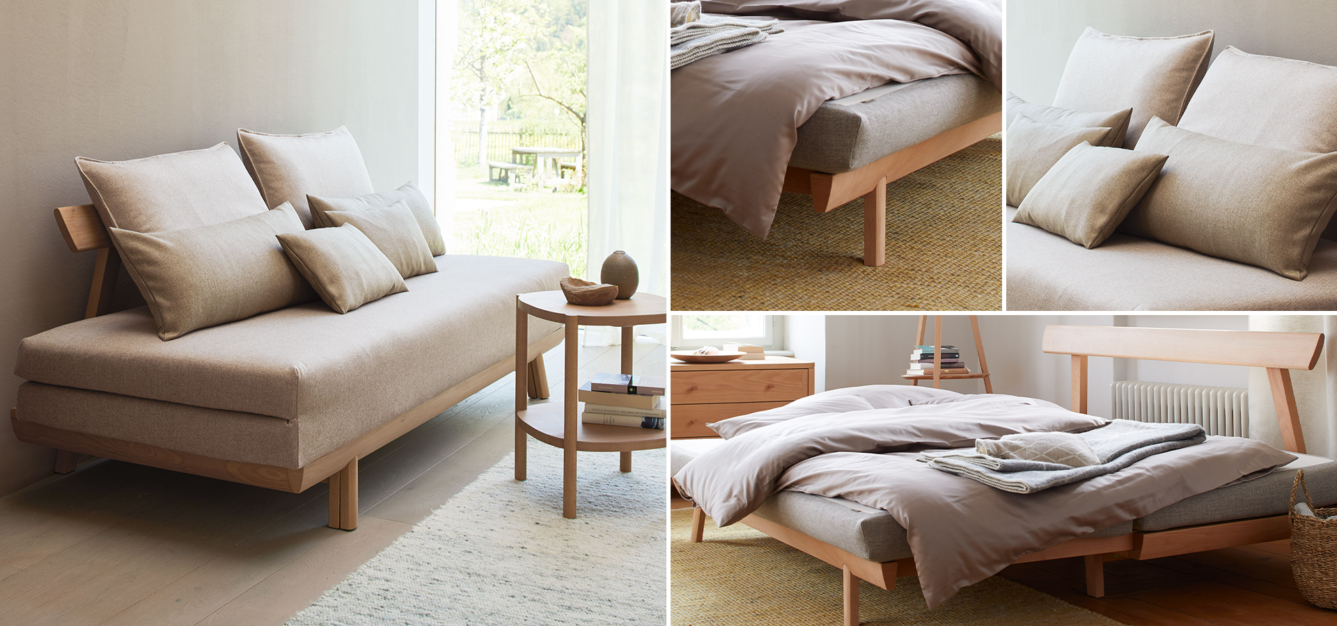 Collage vom Bettsofa Doppio in verschiedenen Ansichten und verschiedenen Funktionen im Gästezimmer