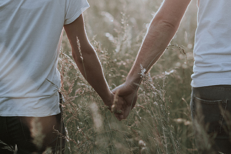 Ein paar hält sich an der Hand in einer hohen Wiese