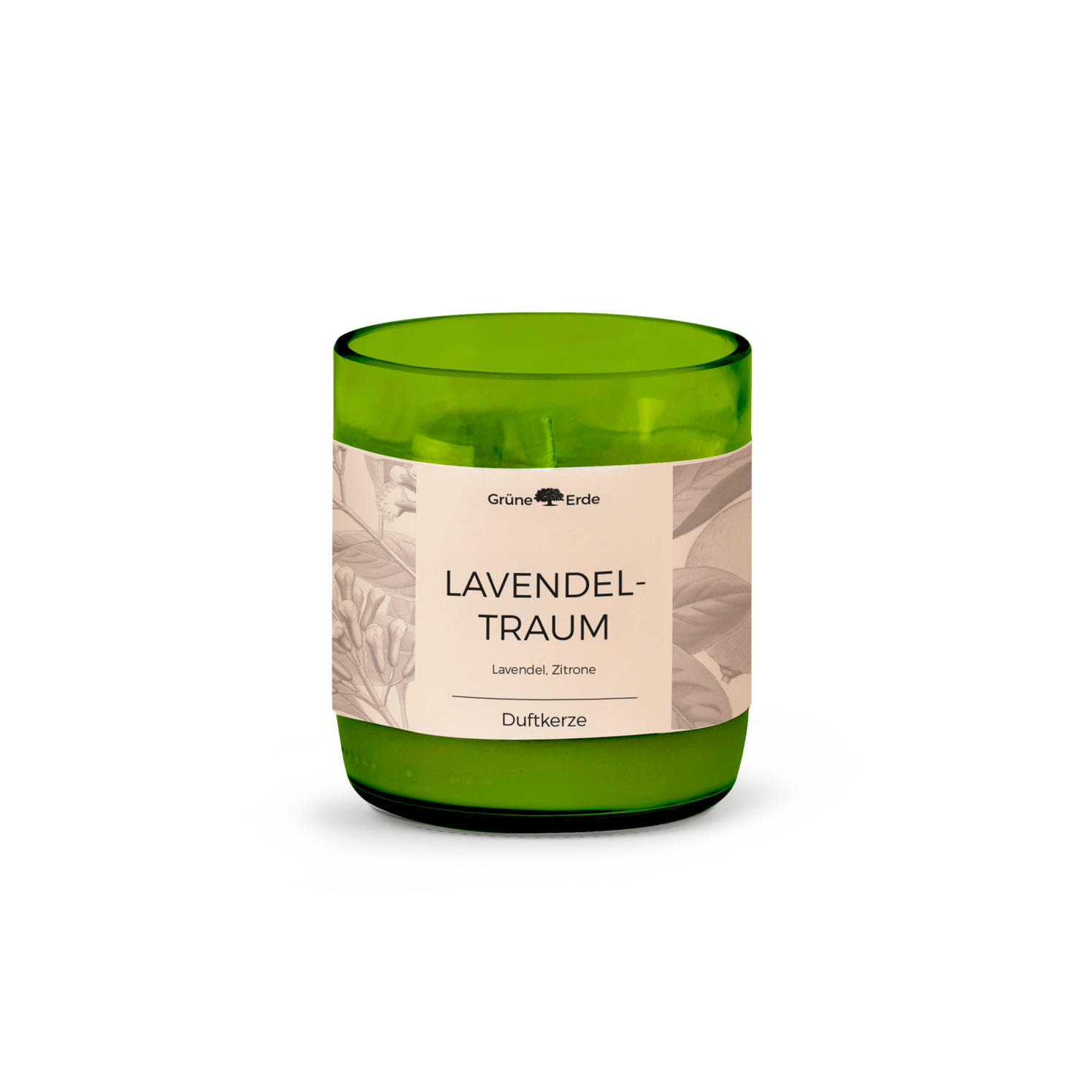 Natürliche Rapswachskerze LAVENDELTRAUM im rezyklierten Glas