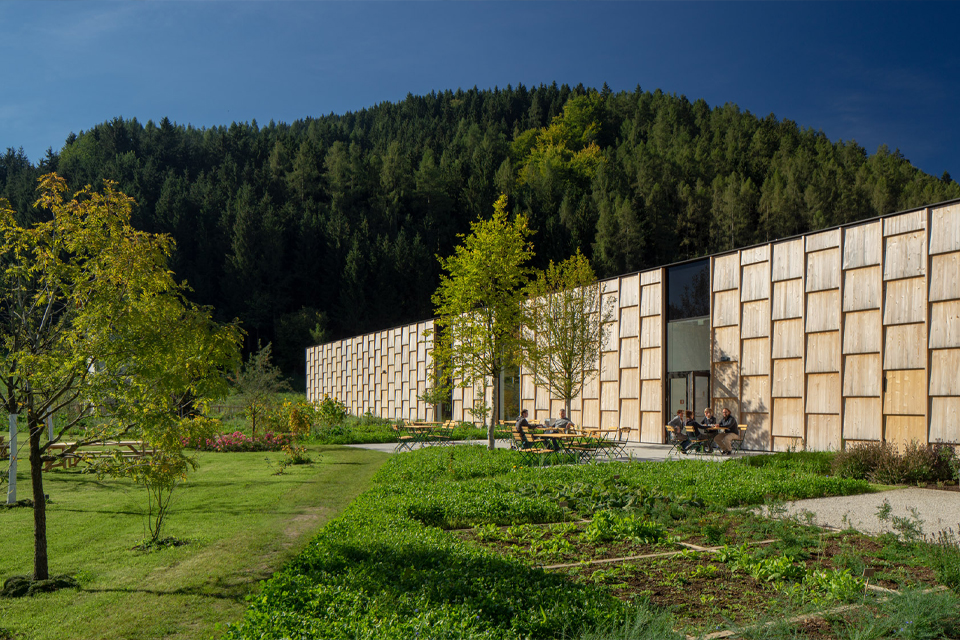 Langes Gebäude in grüner Landschaft mit Bäumen und Wiese