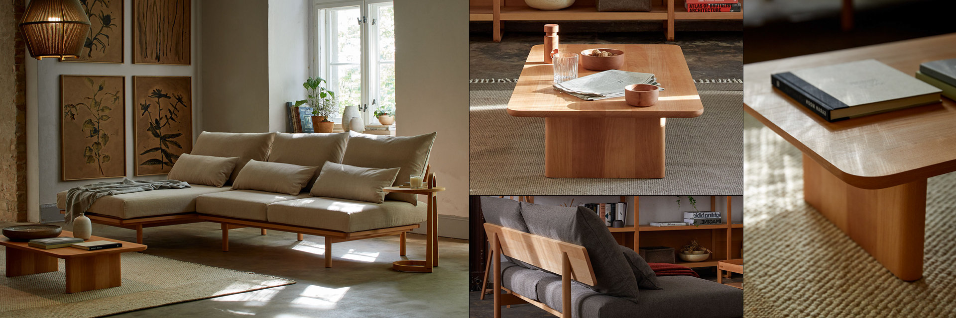 Collage aus verschiedenen Aufnahmen einer modern-minimalistischen Inneneinrichtung mit Ecksofa Lana und Couchtisch