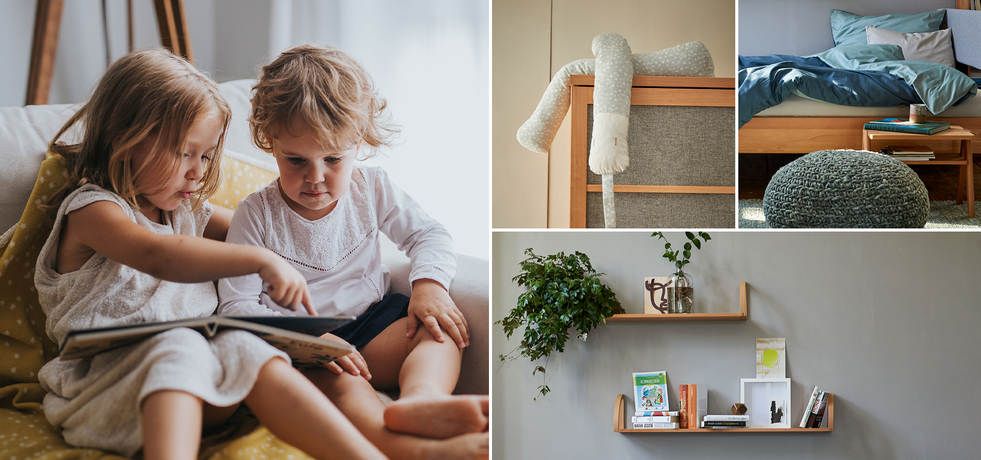 Verschiedene Bildausschnitte mit Kinder und Kinderzimmermöbelr