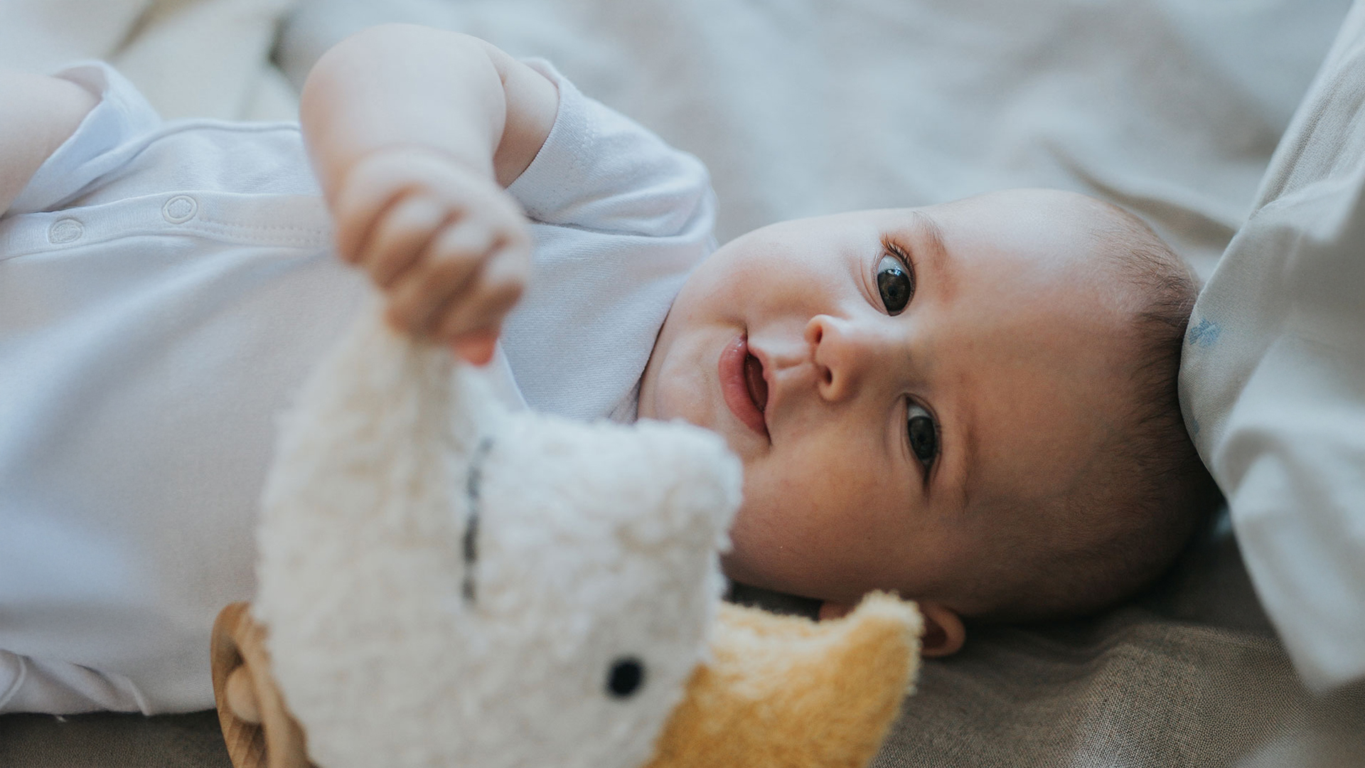 Baby liegt im Bett und hält ein Kuscheltier