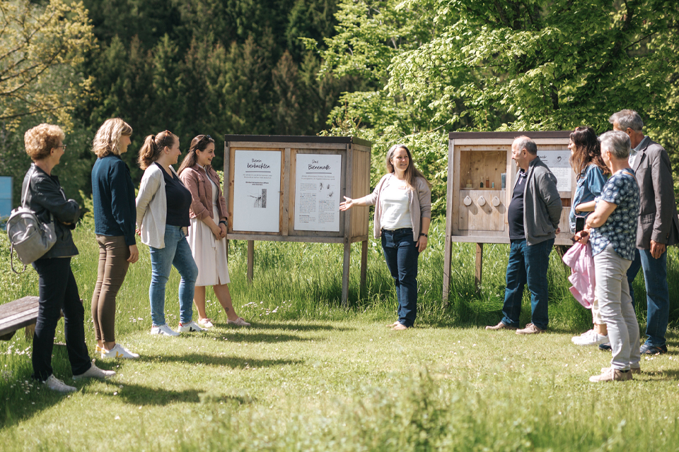 Gruppe vor Infotafeln im Freien bei gemeinsamer Führung