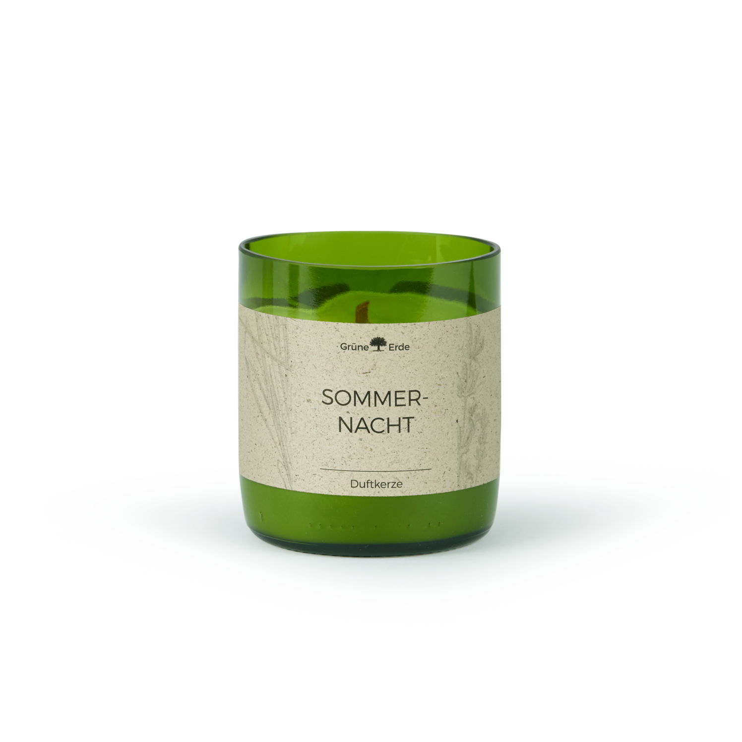 Natürliche Duftkerzen aus Rapswachs in einer grünen rezyklierten Glasflasche