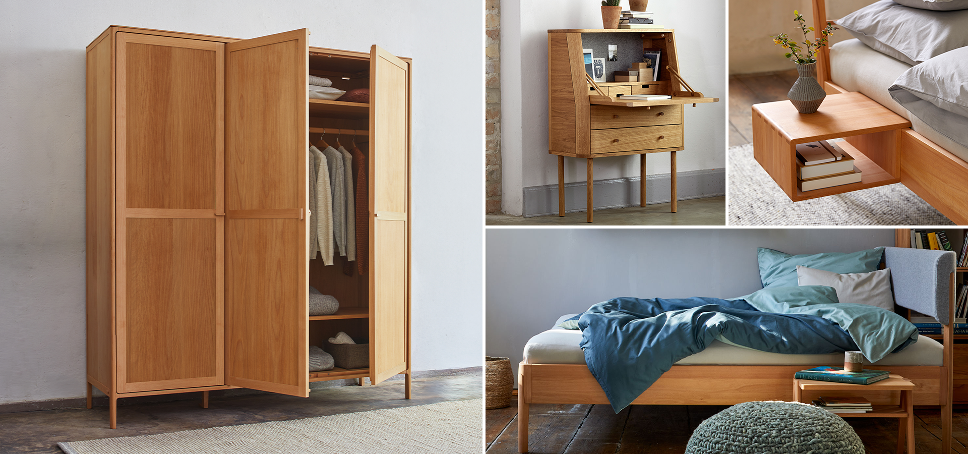 Collage verschiedener Bilder wie Bett und Kleiderschrank und Schreibtisch