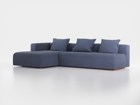 Lounge-Sofa Sereno mit Schlaffunktion inkl. 3 Kissen (70x55 cm), B 320,5 x T 180 cm, Bodennah, Liegeteil links, mit Bezug Wollstoff Elverum Ozean (75), Buche
