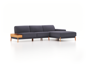 Lounge-Sofa Alani, B 300 x T 179 cm, Liegeteil rechts, Sitzhöhe in cm 44, mit Bezug Wollstoff Elverum Torfblau (82), Buche