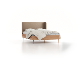 Bett Tonda mit Polsterbetthaupt, 140 x 200 cm, Wollstoff Stavang Sand (66), Eiche