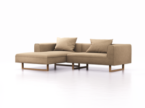 Lounge-Sofa Sereno, B267xT180xH71 cm, Sitzhöhe 43 cm, mit Liegeteil links inkl. 2 Kissen (70x55 cm), Kufenfuß Eiche, Wollstoff Stavang Sand