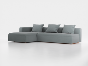 Lounge-Sofa Sereno mit Schlaffunktion inkl. 3 Kissen (70x55 cm), B 320,5 x T 180 cm, Bodennah, Liegeteil links, mit Bezug Wollstoff Elverum Grüngrau (84), Buche