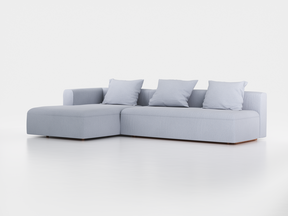 Lounge-Sofa Sereno mit Schlaffunktion inkl. 3 Kissen (70x55 cm), B 320,5 x T 180 cm, Bodennah, Liegeteil links, mit Bezug Wollstoff Elverum Blaugrau (83), Buche