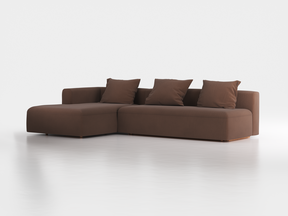 Lounge-Sofa Sereno mit Schlaffunktion inkl. 3 Kissen (70x55 cm), B 320,5 x T 180 cm, Bodennah, Liegeteil links, mit Bezug Wollstoff Kaland Torf (70), Buche