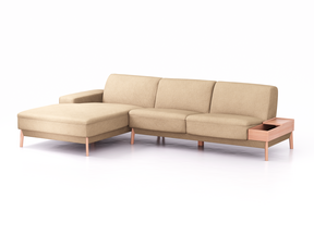 Lounge-Sofa Alani Liegeteil inkl. fixer Armlehne links, 179x300x82 cm, Sitzhöhe 44 cm, Buche, mit Bezug Wollstoff Stavang Sand