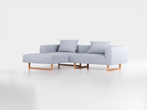 Lounge-Sofa Sereno inkl. 2 Kissen (70x55 cm), B 267 x T 180 cm, Liegeteil links, Kufenfuß, mit Bezug Wollstoff Elverum Blaugrau (83), Buche