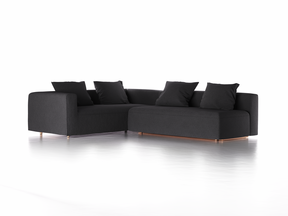 Ecksofa Sereno mit Schlaffunktion inkl. 4 Kissen (70x55 cm), B 300 x T 235 cm, Bodennah, Eckteil links, mit Bezug Wollstoff Kaland Schiefer (67), Buche