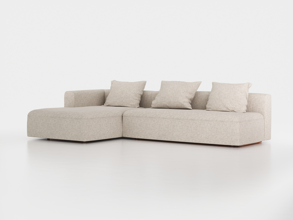 Lounge-Sofa Sereno mit Schlaffunktion inkl. 3 Kissen (70x55 cm), B 320,5 x T 180 cm, Bodennah, Liegeteil links, mit Bezug Wollstoff Tano Natur Hell (80), Buche
