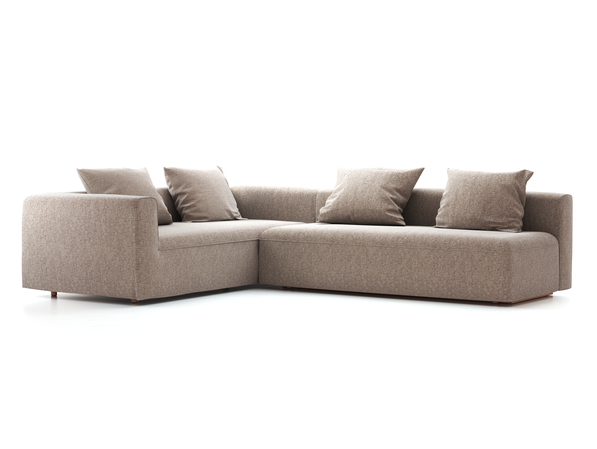 Ecksofa Sereno mit Schlaffunktion inkl. 4 Kissen (70x55 cm), B 300 x T 235 cm, Bodennah, Eckteil links, mit Bezug Wollstoff Tano Natur (79), Buche