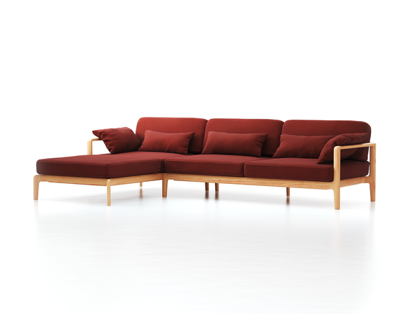 Loungesofa Linera, breit mit Liegeteil links, Wollstoff Kaland Ziegel (72), Buche