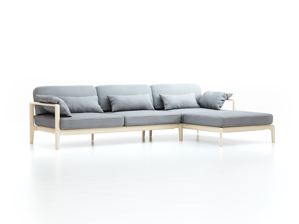 Loungesofa Linera, breit mit Liegeteil rechts, Wollstoff Stavang Kiesel (62), Esche
