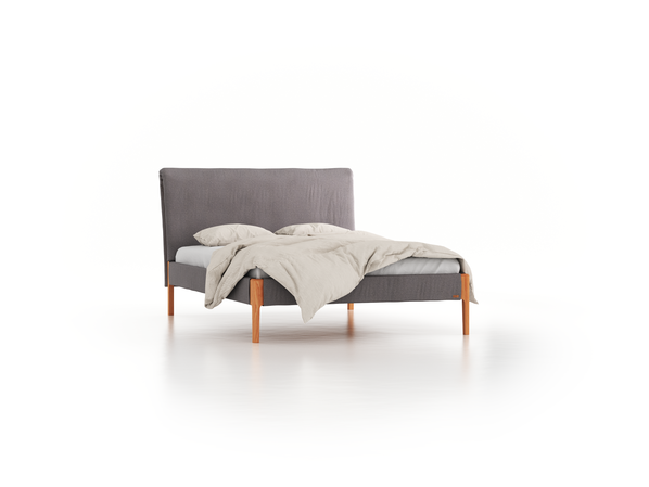 Bett Lorea mit Polsterbetthaupt, 140 x 200 cm, Wollstoff Stavang Kiesel (62), Buche