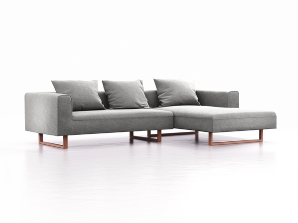 Lounge-Sofa Sereno, B297xT180xH71 cm, Sitzhöhe 43 cm, mit Liegeteil rechts inkl. 3 Kissen (70x55 cm), Kufenfuß Buche, Wollstoff Kaland Kiesel