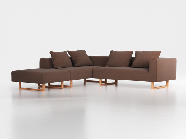 Ecksofa Sereno, 276 x 276 cm, inkl. 4 Kissen (70 x 55 cm), Liegeteil links, Kufenfuß, mit Bezug Wollstoff Kaland Torf (70), Buche