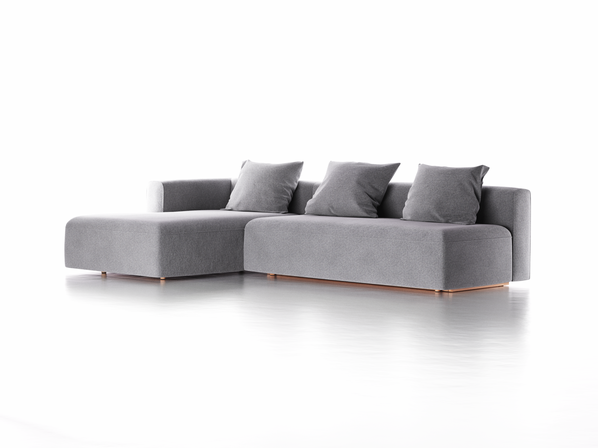 Lounge-Sofa Sereno mit Schlaffunktion inkl. 3 Kissen (70x55 cm), B 320,5 x T 180 cm, Bodennah, Liegeteil links, Buche, mit Bezug Wollstoff Kaland Kiesel (68)