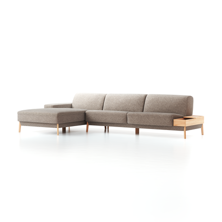 Lounge-Sofa Alani, Liegeteil links, B 340 x T 179 cm, Sitzhöhe in cm 44, mit Bezug Wollstoff Tano Natur (79), Buche