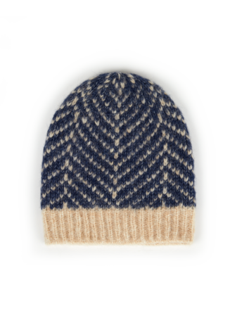 Strickmütze aus Alpakawolle und Bio-Baumwolle, strick fischgrat blau/weiß