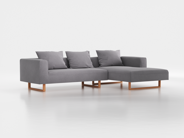Lounge-Sofa Sereno inkl. 3 Kissen (70x55 cm), B 297 x T 180 cm, Liegeteil rechts, Kufenfuß, mit Bezug Wollstoff Kaland Kiesel (68), Buche