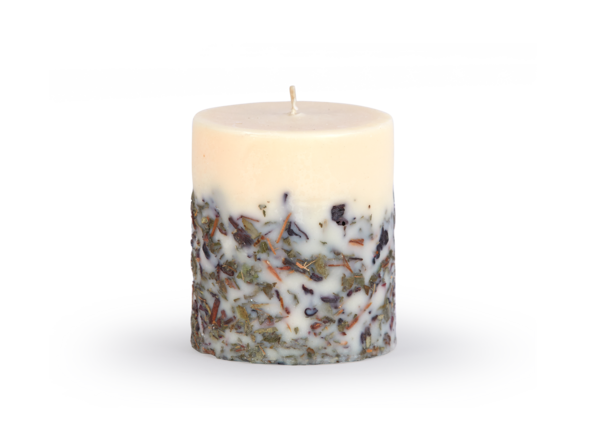 Natürliche Rapswachskerze mit Hibiskusblüten, Eichenrinde und Weidenblättern