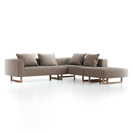 Ecksofa Sereno, 276 x 276 cm, Sofa Liegeteil links, Kufenfuß, mit Bezug Wollstoff Tano Natur (79), Eiche