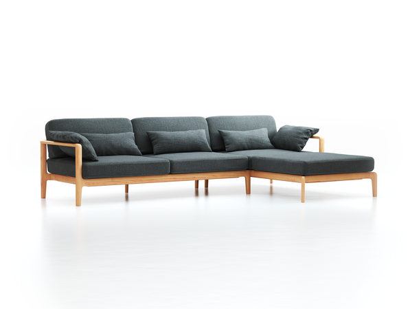 Loungesofa Linera, breit mit Liegeteil rechts, Wollstoff Stavang Stein (61), Buche