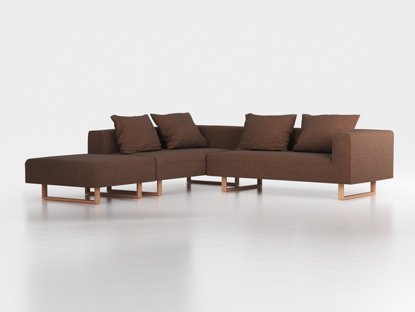 Ecksofa Sereno, 276 x 276 cm, inkl. 4 Kissen (70 x 55 cm), Liegeteil links, Kufenfuß, mit Bezug Wollstoff Stavang Torf (64), Eiche