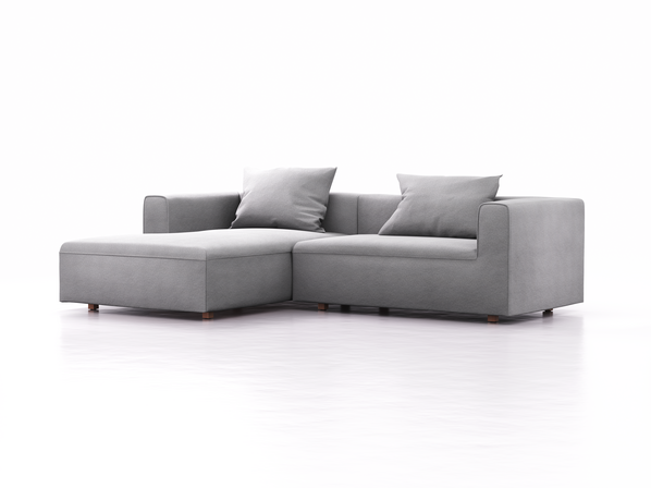 Lounge-Sofa Sereno, bodennah, B267xT180xH71 cm, Sitzhöhe 43 cm, mit Liegeteil links inkl. 2 Kissen (70x55 cm), Buche, Wollstoff Stavang Kiesel