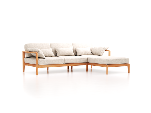 Loungesofa Linera, schmal mit Liegeteil rechts, Wollstoff Tano Natur Hell (80), Buche