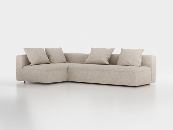 Ecksofa Sereno mit Schlaffunktion inkl. 4 Kissen (70x55 cm), Bodennah, B 300 x T180 cm, Eckteil links, mit Bezug Wollstoff Tano Natur Hell (80), Buche