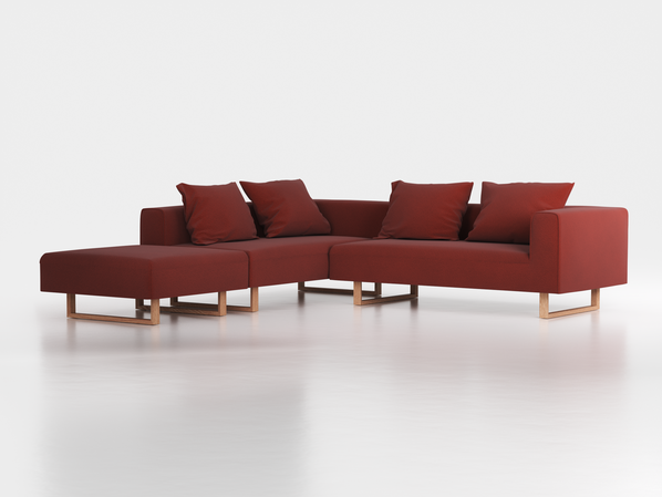 Ecksofa Sereno, 276 x 276 cm, inkl. 4 Kissen (70 x 55 cm), Liegeteil links, Kufenfuß, mit Bezug Wollstoff Kaland Ziegel (72), Eiche