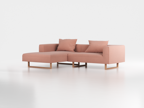 Lounge-Sofa Sereno inkl. 2 Kissen (70x55 cm), B 267 x T 180 cm, Liegeteil links, Kufenfuß, mit Bezug Wollstoff Elverum Ziegel (85), Eiche