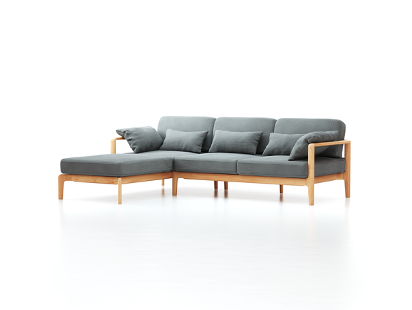 Loungesofa Linera, schmal mit Liegeteil links, Wollstoff Elverum Mocca (73), Buche